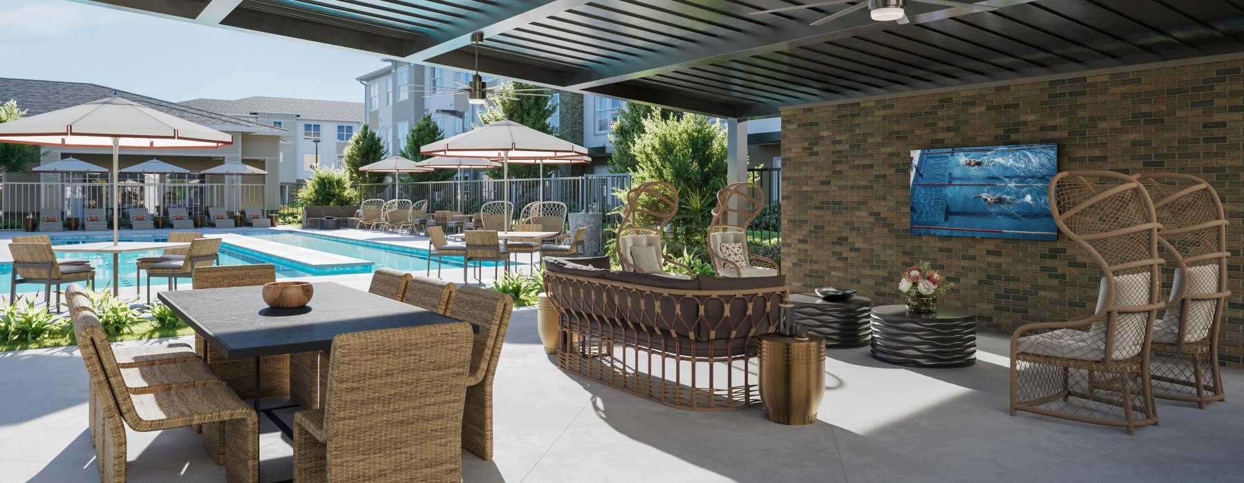 a patio with a pool and chairs