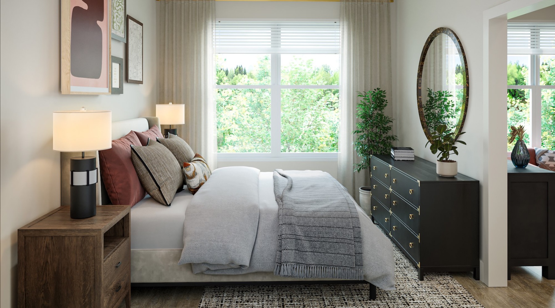 a bedroom with a bed and a mirror
