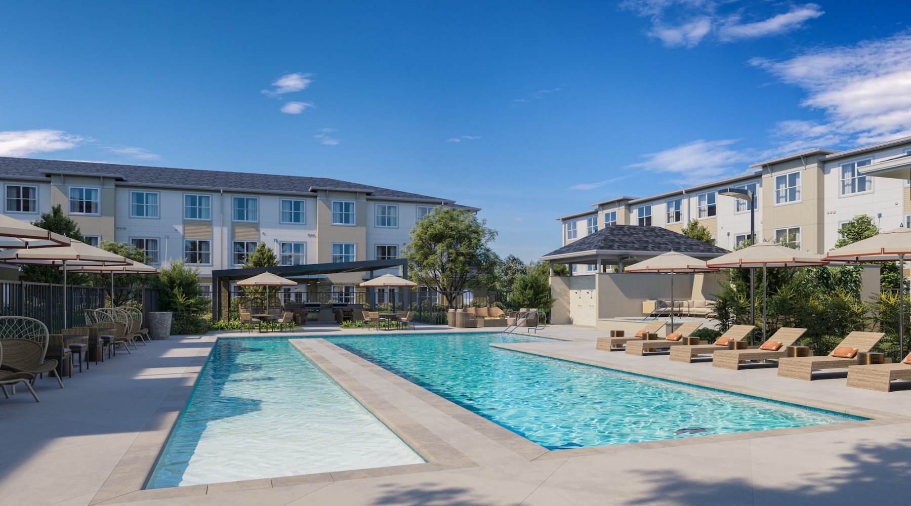 a swimming pool in front of a building