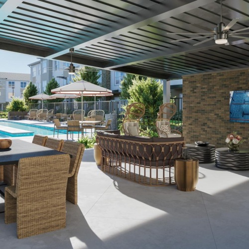 a patio with a pool and chairs