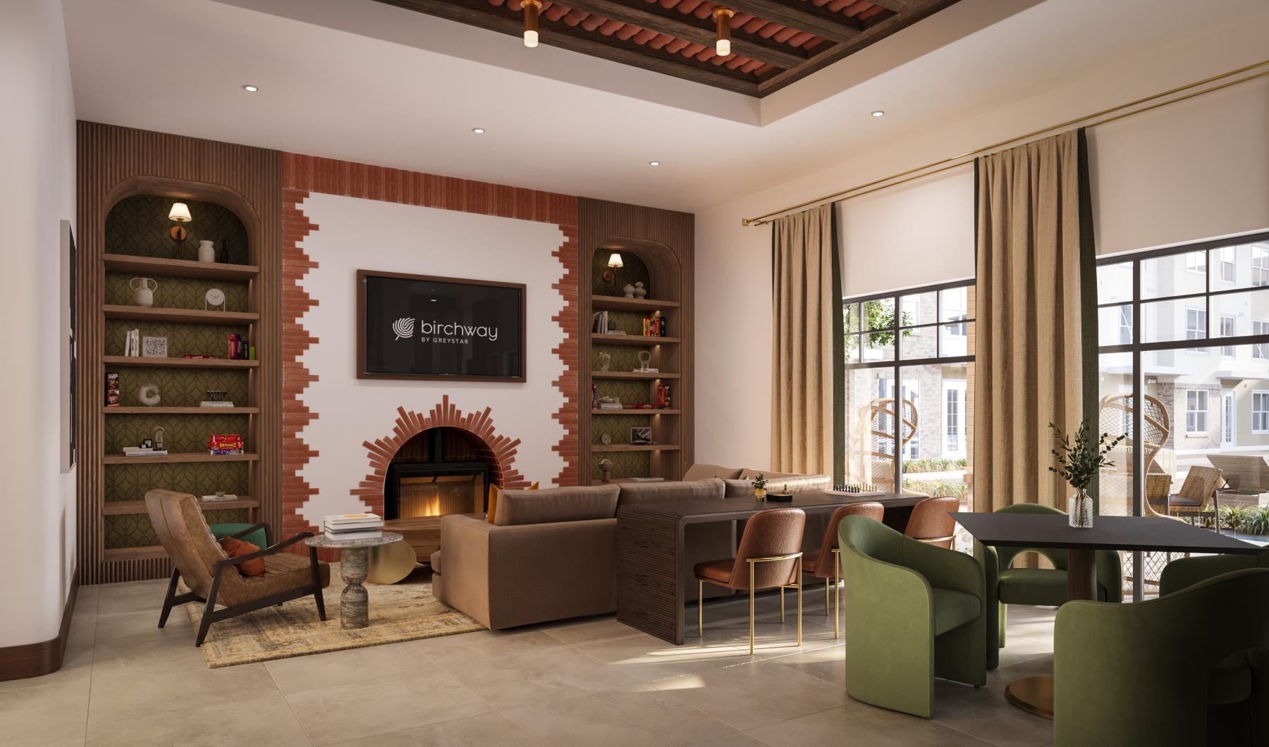 a living room with a fireplace