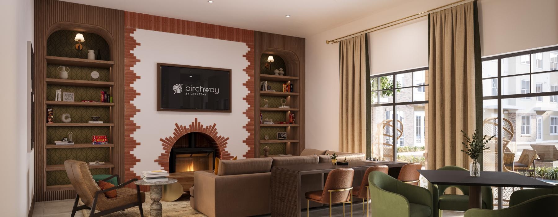 a living room with a fireplace